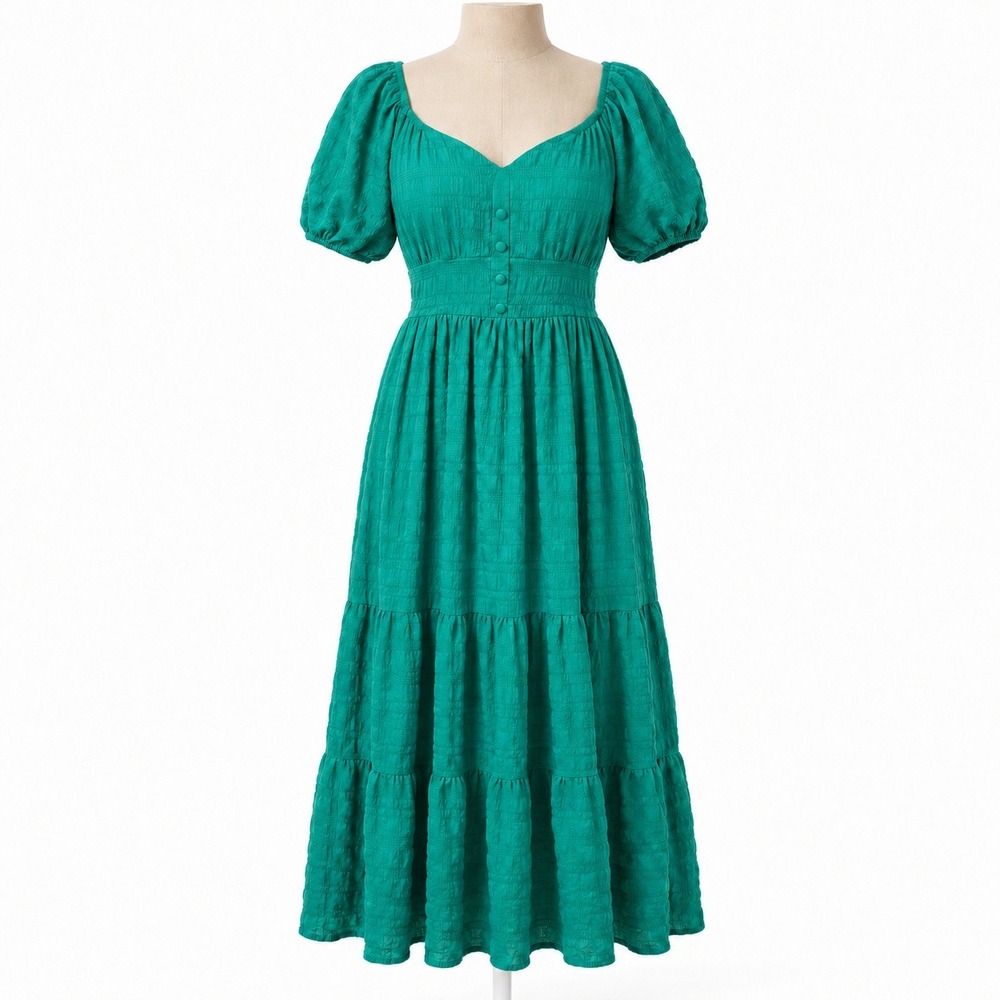 Puff Sleeve Button Peasant Dress Size S Green Cottagecore Prairie Boho Indie